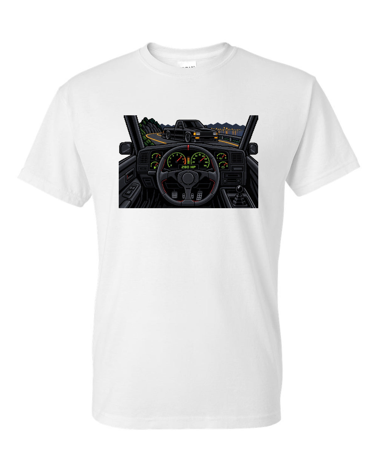 8/16-bit pixel art gauge print of a 1991 GMC Syclone with 280 HP text white t-shirt front view with the design