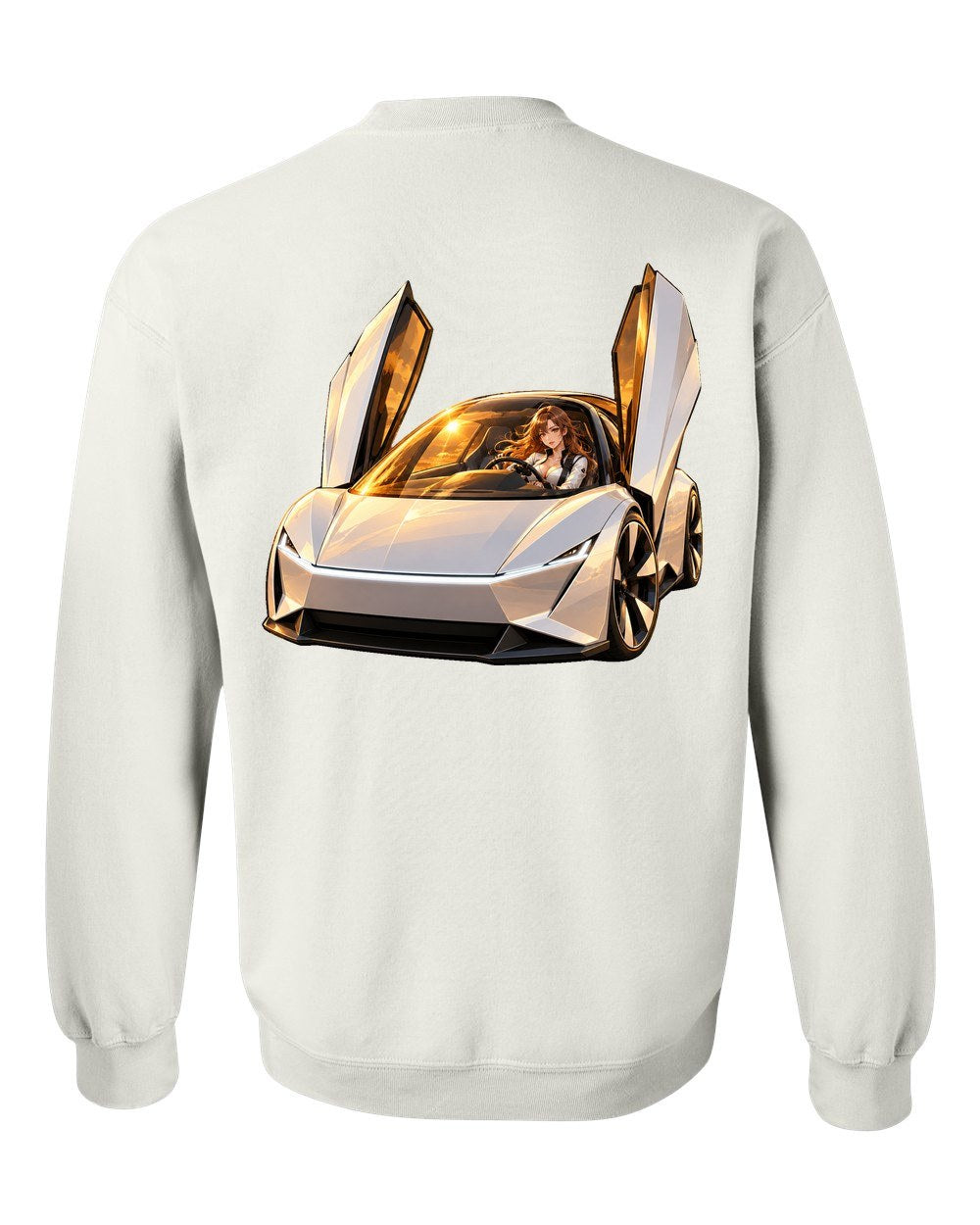 Tesla Roadster Golden Hour Anime Girl Crewneck White back