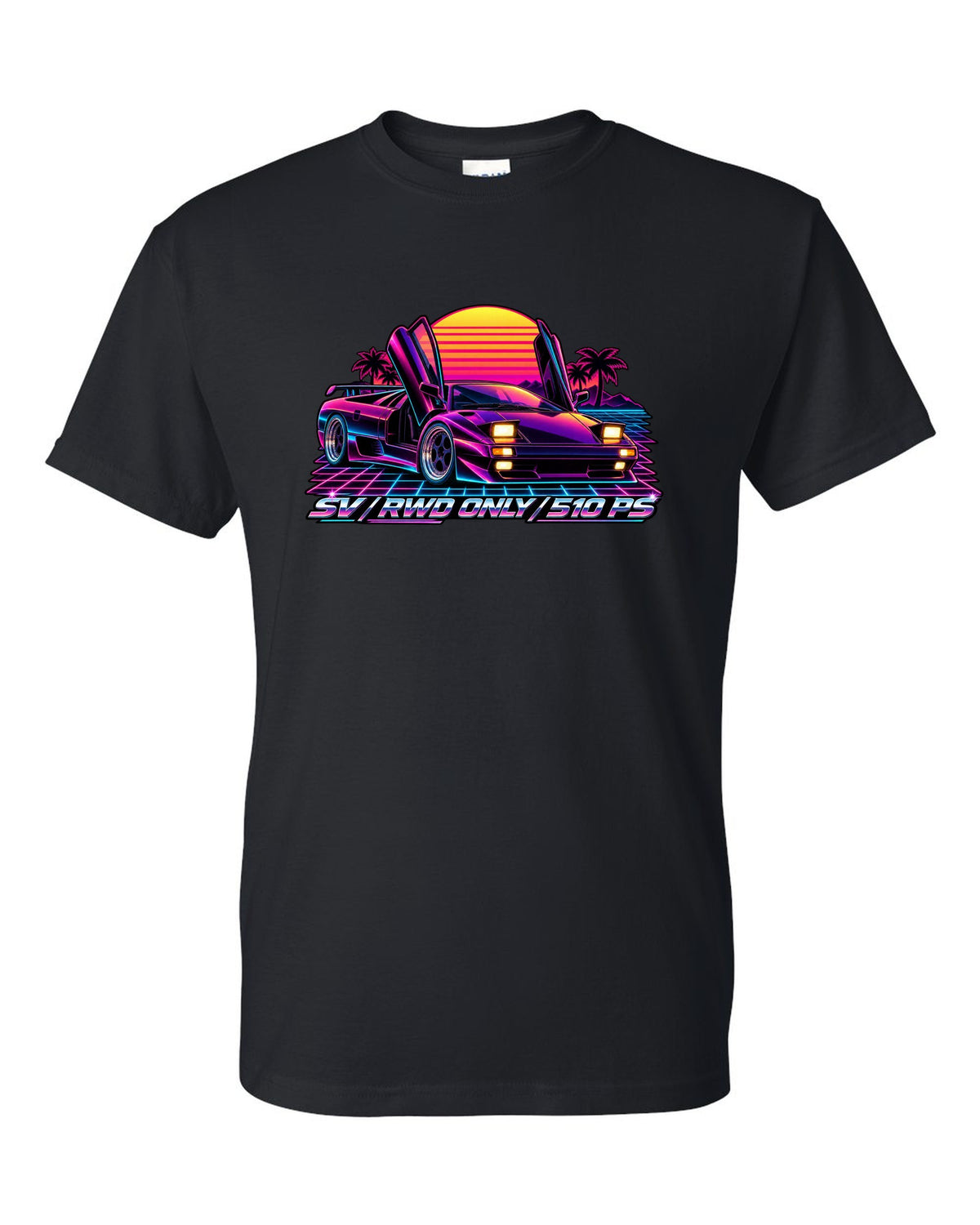 Synthwave outrun style Lamborghini Diablo SV with RWD only and 510 PS lettering black t-shirt front view with the design