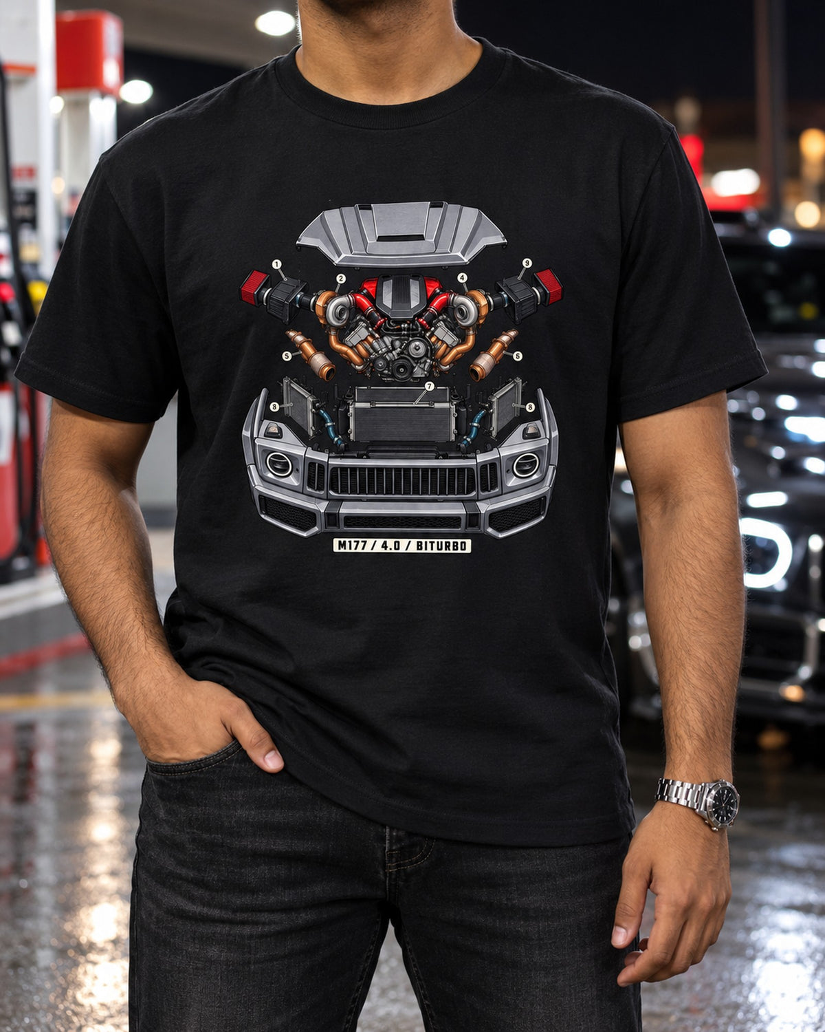 Mercedes G63 W464 M177 4.0 Biturbo Exploded Engine Shirt T-Shirt Black worn hero
