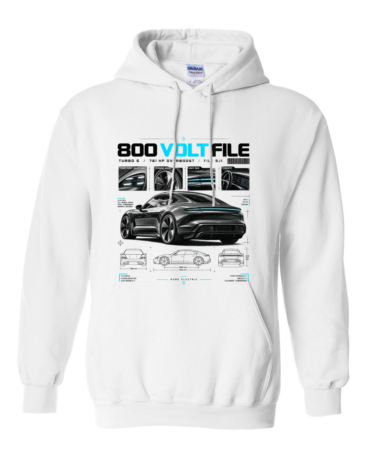 Dossier panel print of a 2020 Porsche Taycan Turbo S 9J1 with turbine wheel and light bar white pull over hoodie front view with the design
