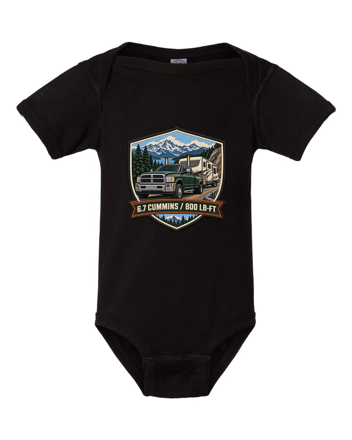 Varsity crest of a 2010-2018 Ram 2500 4th gen towing a camper with 6.7 Cummins 800 LB-FT lettering black baby onesie front view with the design