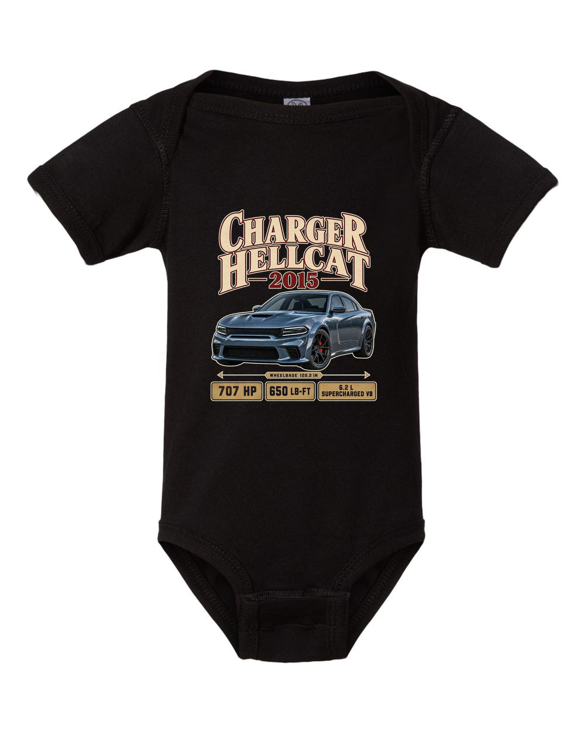 print of a 2015 Dodge Charger SRT Hellcat in an archive panel layout black baby onesie front view with the design
