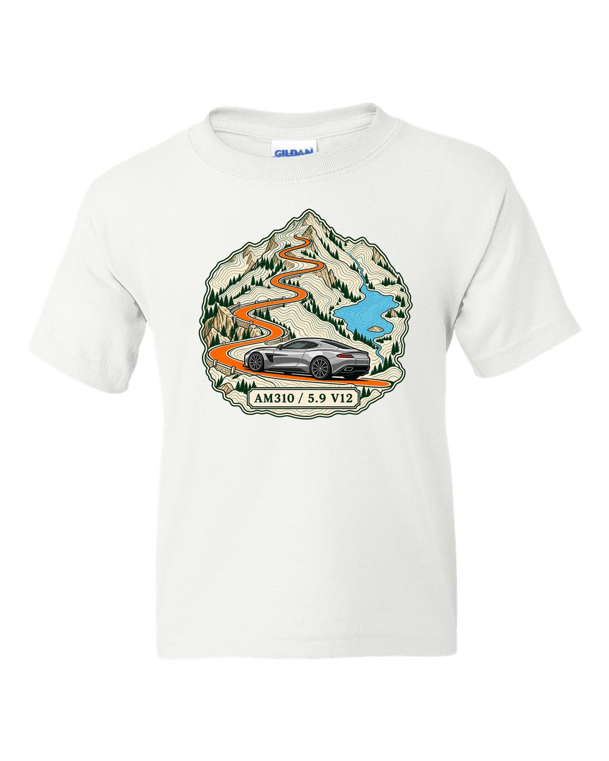 Topographic ridge route map print for the 2012 Aston Martin Vanquish AM310 with 5.9 V12 lettering white kids tee front view with the design