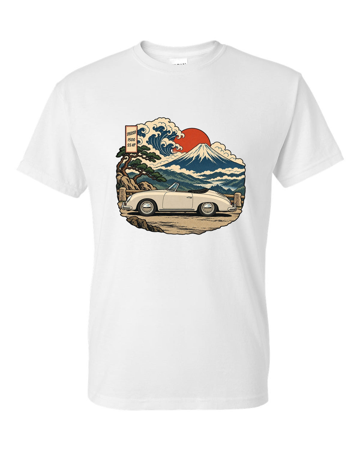 Ukiyo-e woodblock style Porsche 356 Pre-A Speedster on a mountain pass white t-shirt front view with the design