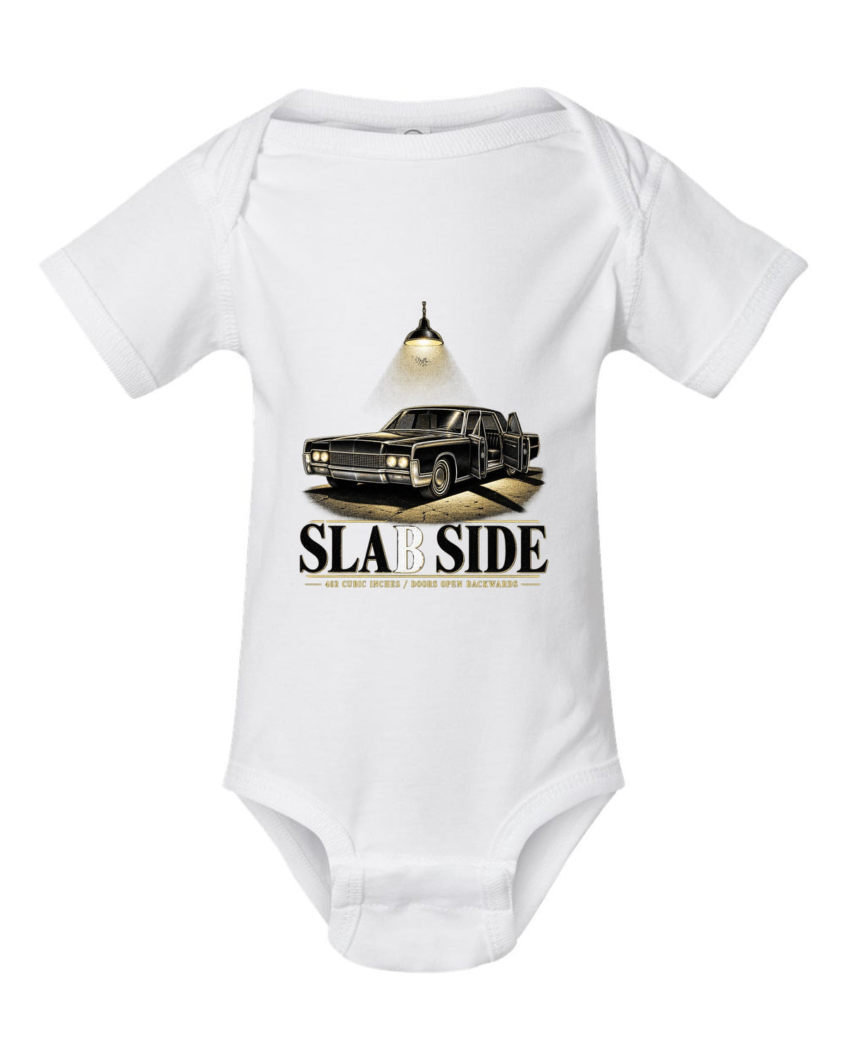 print of a 1966 Lincoln Continental fourth generation parked in a night garage white baby onesie front view with the design