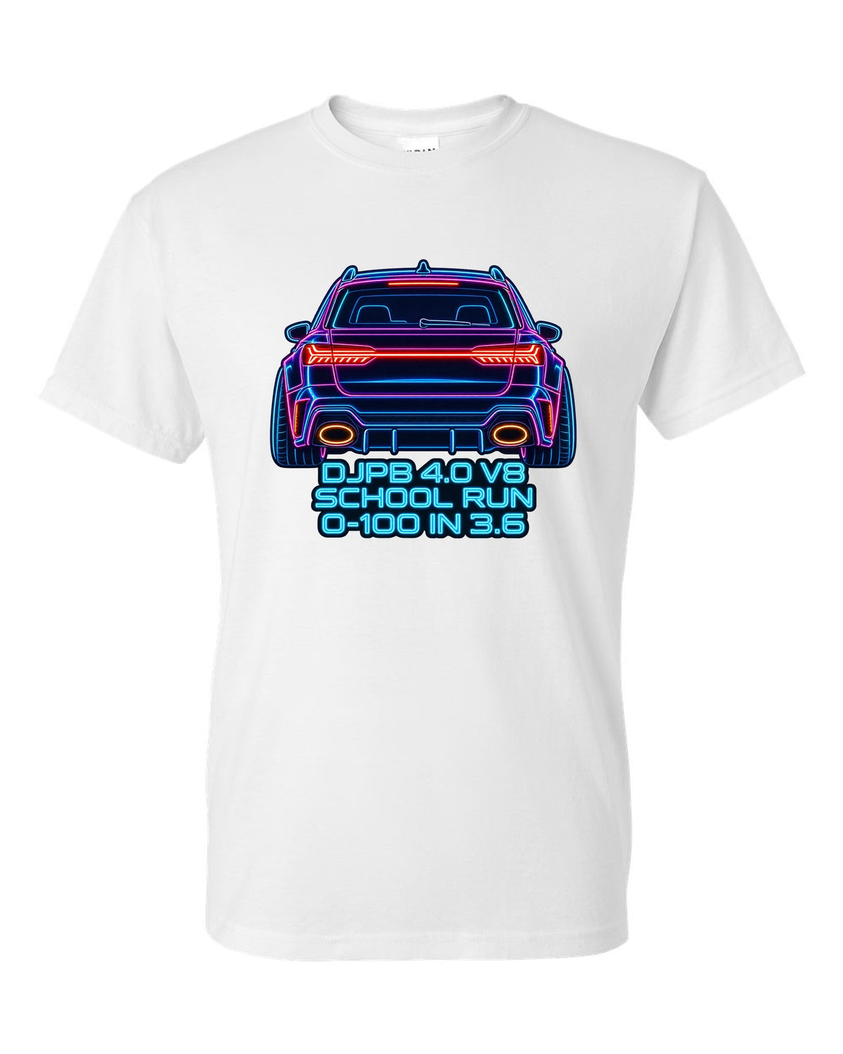 Neon sign line art design of the Audi RS6 Avant C8 with school run and 0-100 in 3.6 lettering white t-shirt front view with the design