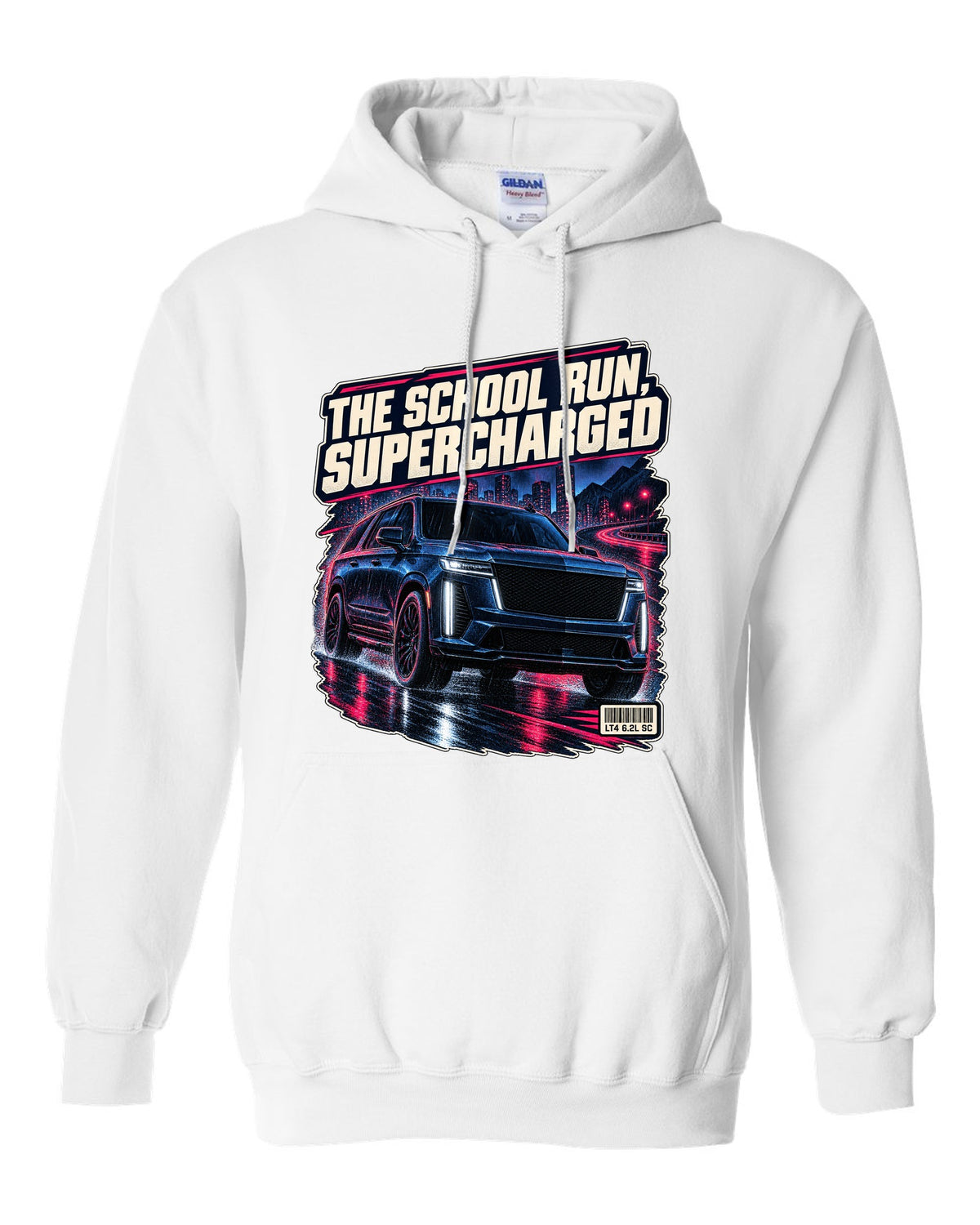Night street print of a 2023-25 Cadillac Escalade-V white pull over hoodie front view with the design
