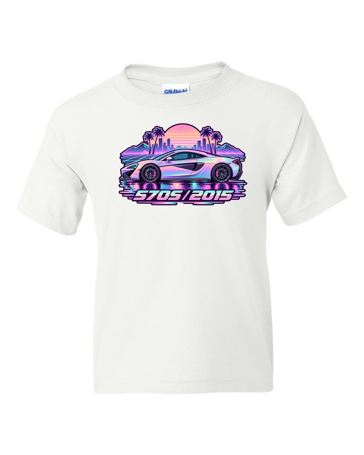 McLaren 570S vaporwave pastel rain print with 570S 2015 lettering white kids tee front view with the design