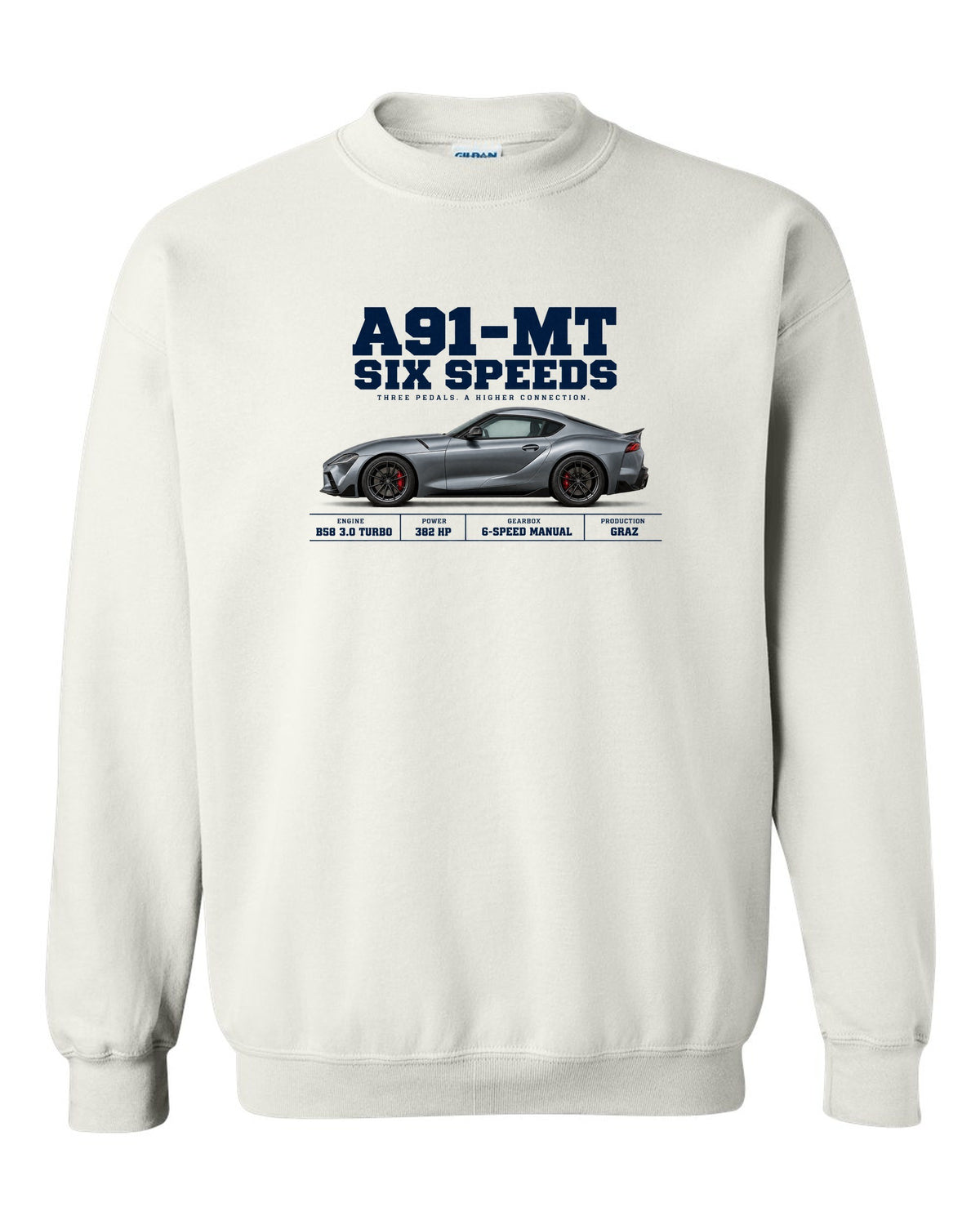 Signal red Toyota GR Supra A91-MT shown in three views with spec table white crewneck front view with the design