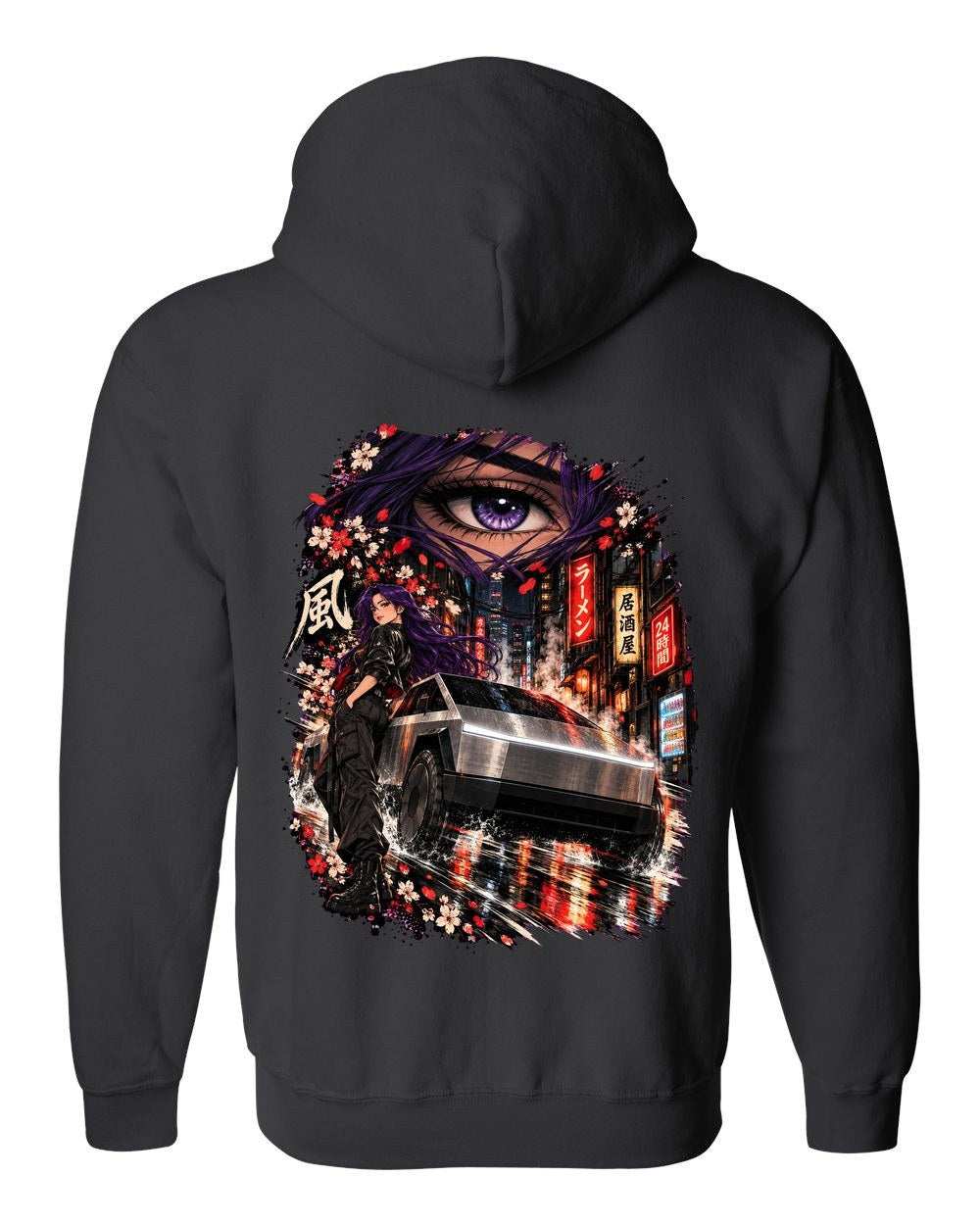 Tesla Cybertruck Anime Girl Zip Hoodie Black back