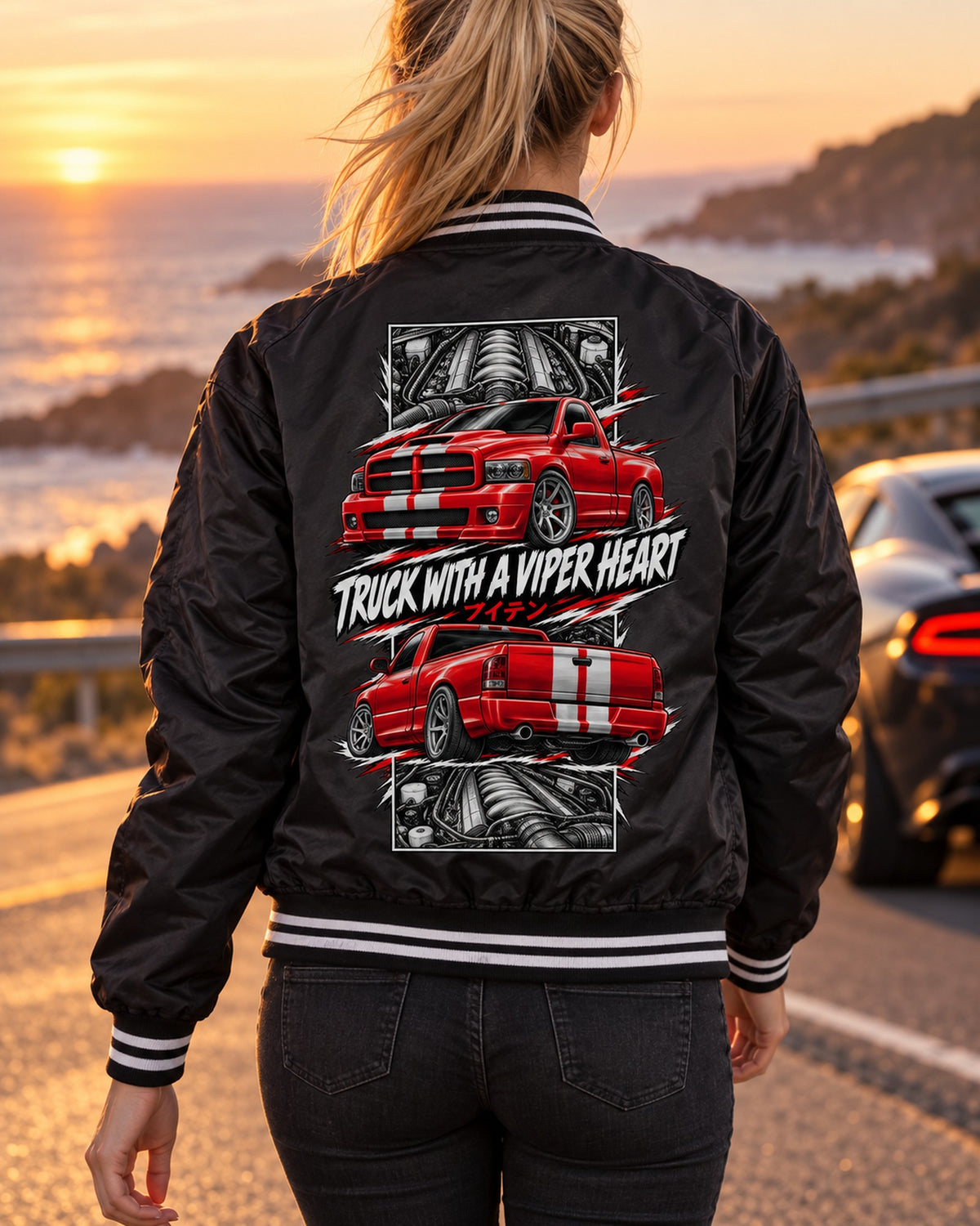 Dodge RAM SRT-10 Torn Poster Full-Back Graphic Tee Bomber Jacket Black worn hero