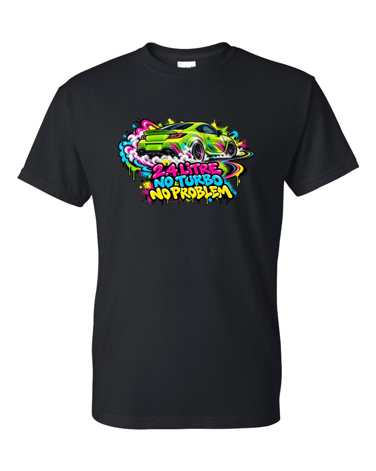 Subaru BRZ ZD8 sideways in front of a graffiti wall, 2.4 LITRE / NO TURBO / NO PROBLEM black t-shirt front view with the design