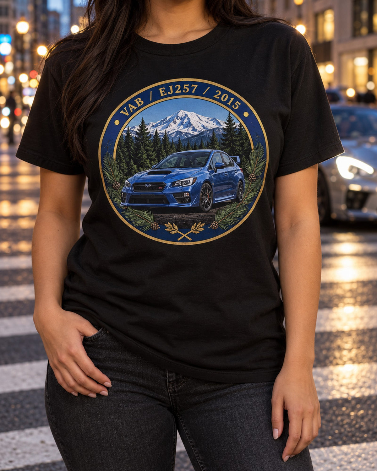 Subaru WRX STI VAB EJ257 Round Crest print Shirt T-Shirt Black worn hero