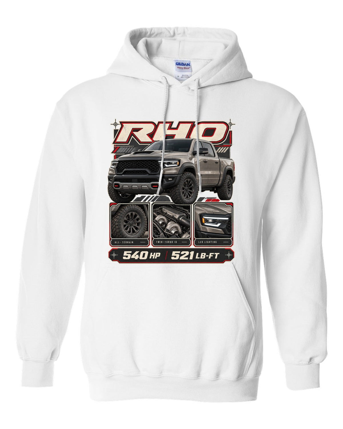Ram 1500 RHO 2025 dossier panels with horsepower and torque print white pull over hoodie front view with the design