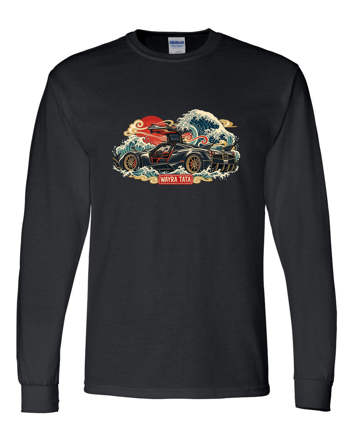 Ukiyo-e woodblock style print of a Pagani Huayra with Wayra Tata lettering black long sleeve front view with the design