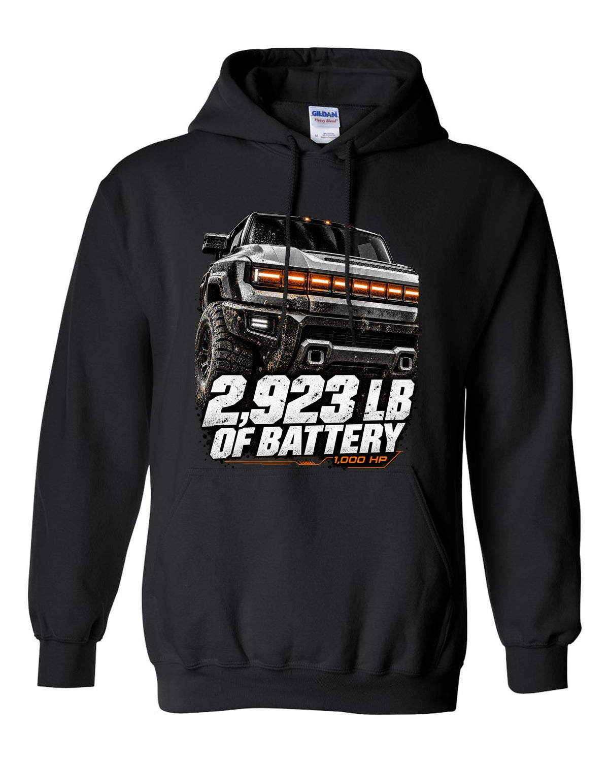 GMC Hummer EV pickup lit front panel macro with battery weight text black pull over hoodie front view with the design