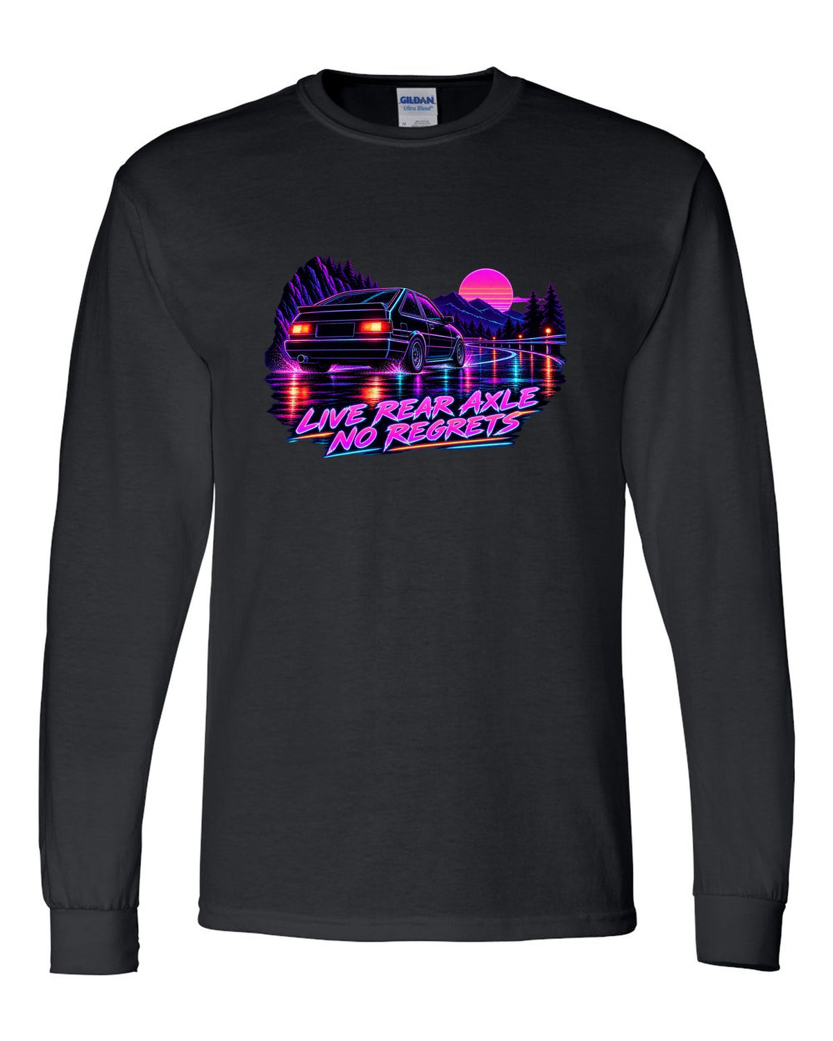 Neon synthwave line art print of a Toyota Corolla Levin AE86 with Live Rear Axle lettering black long sleeve front view with the design
