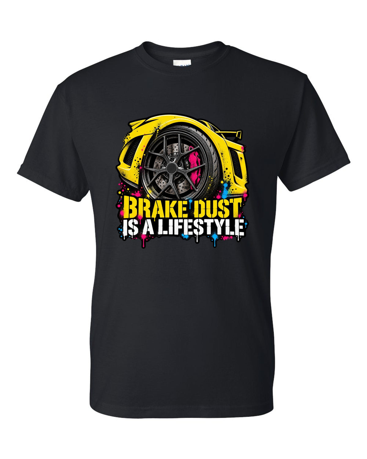 Lotus Exige stencil spray street art with BRAKE DUST IS A LIFESTYLE lettering black t-shirt front view with the design