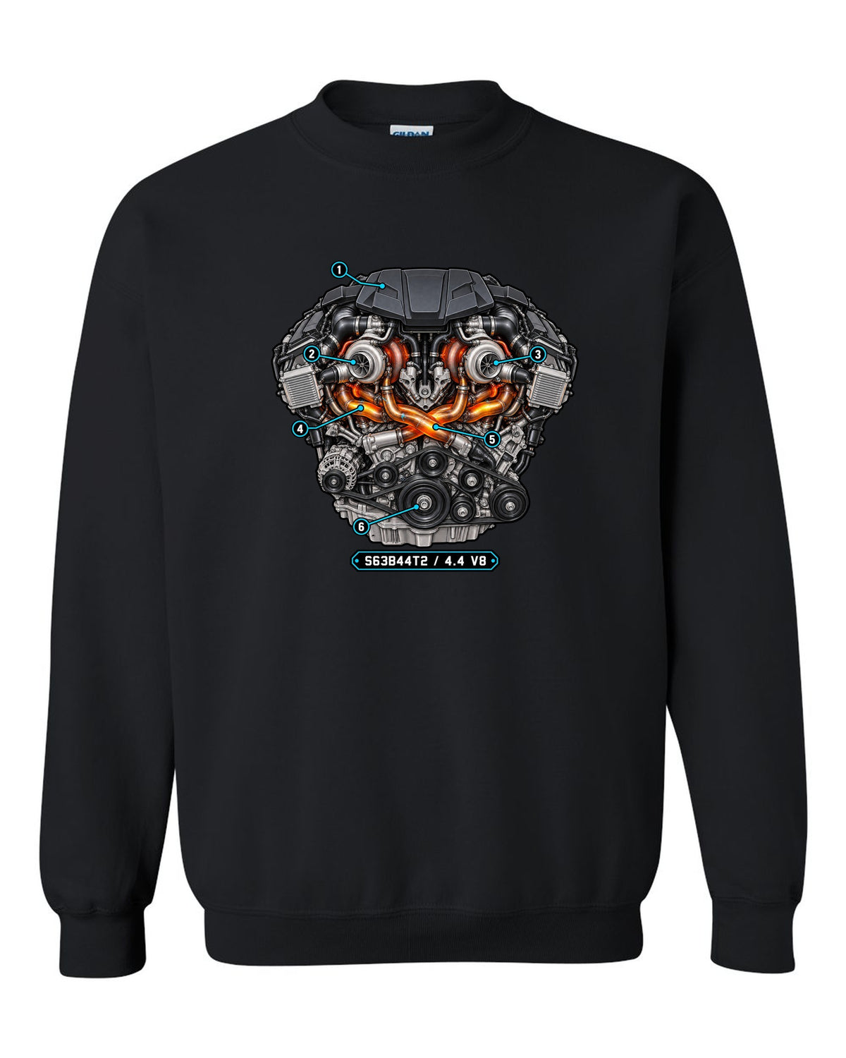 Exploded cutaway engine print of the BMW S63 4.4 V8 from the X5 M F85 black crewneck front view with the design
