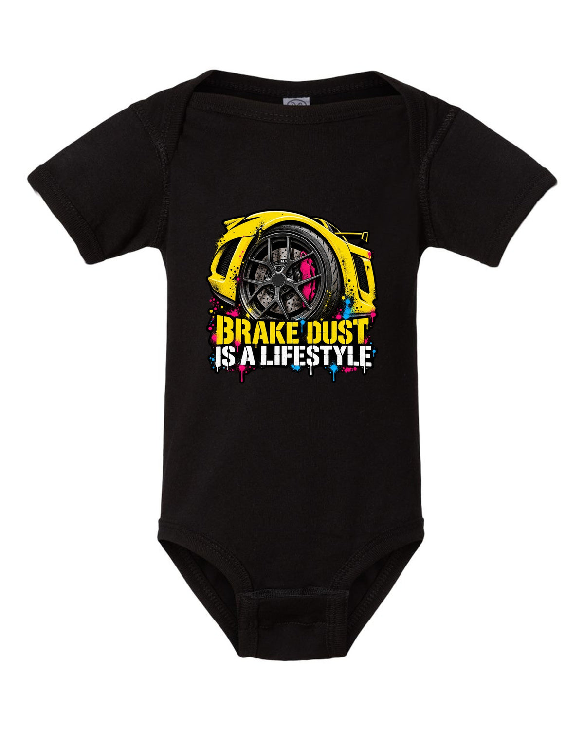 Lotus Exige stencil spray street art with BRAKE DUST IS A LIFESTYLE lettering black baby onesie front view with the design