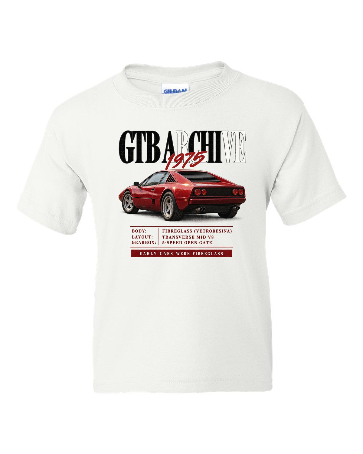 Ferrari 308 GTB 1975 archive panel print, early cars were fibreglass white kids tee front view with the design