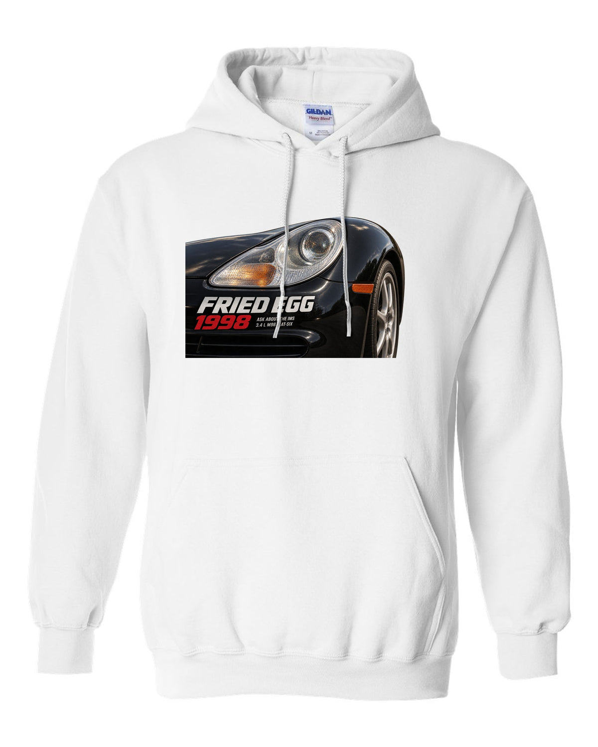 Close-up detail print of the Porsche 911 996 Fried Egg lamp with IMS joke text white pull over hoodie front view with the design