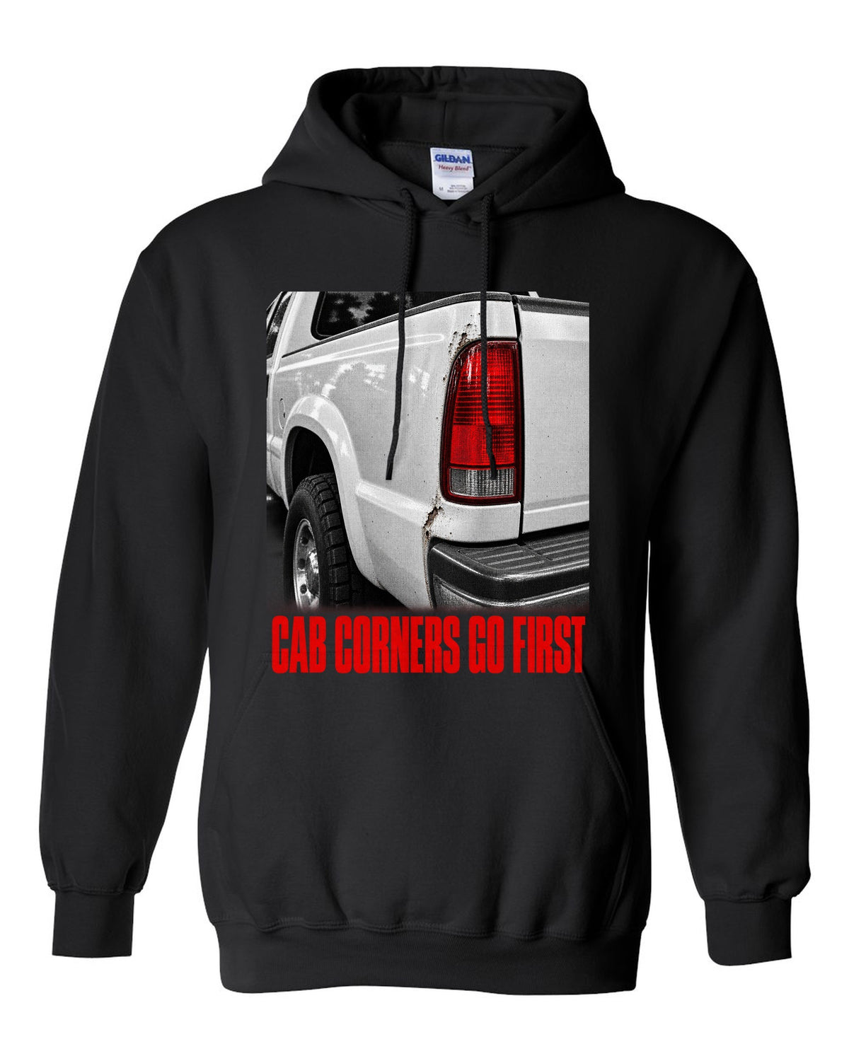 NBS Silverado taillight detail with cab corner rust, print black pull over hoodie front view with the design