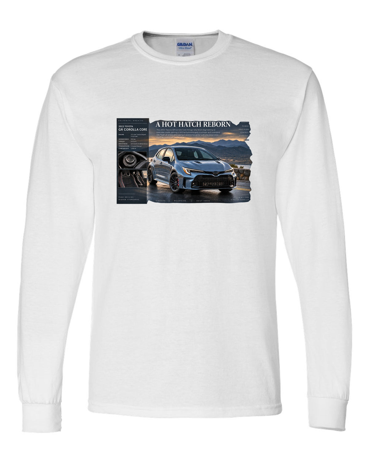 Toyota GR Corolla Core 2023 front three-quarter archive panel white long sleeve front view with the design