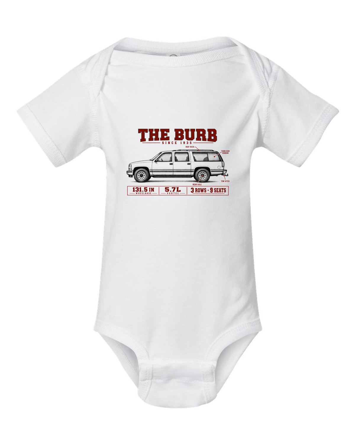 1992-99 Chevy Suburban GMT400 spec poster print white baby onesie front view with the design