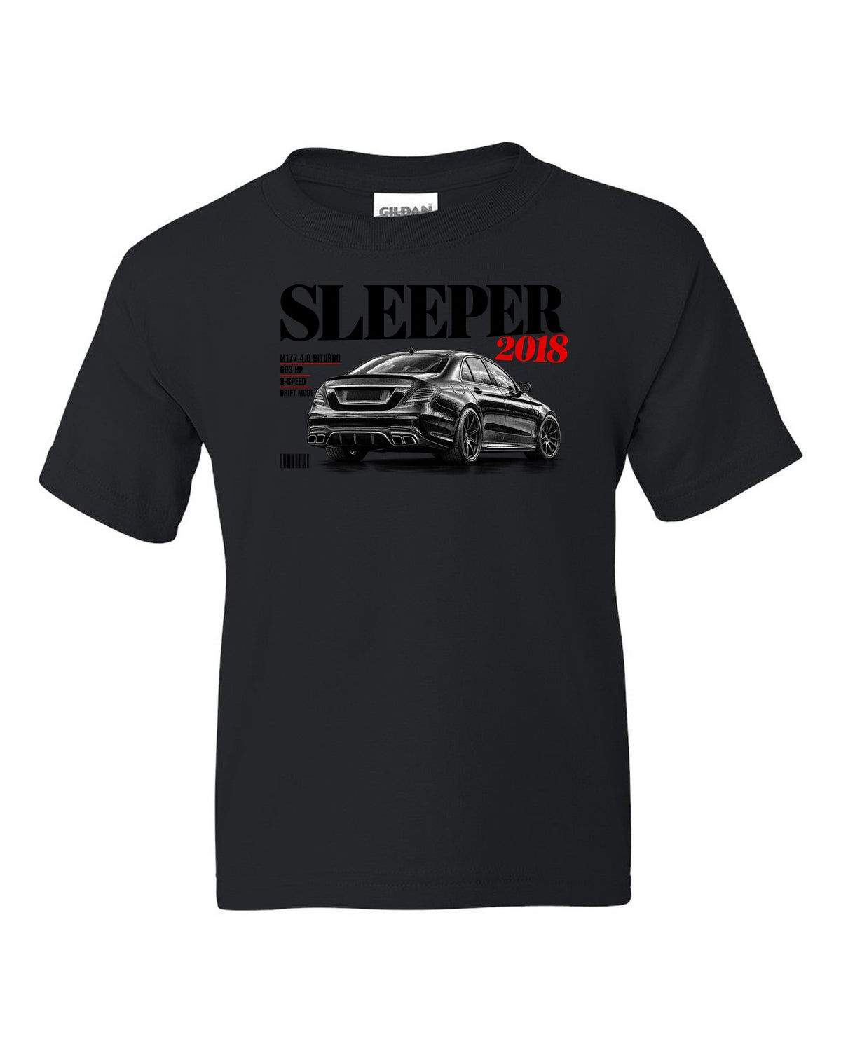 print editorial headline of a Mercedes W213 E63 S M177 with text Sleeper 2018 4.0 Biturbo 603 HP black kids tee front view with the design