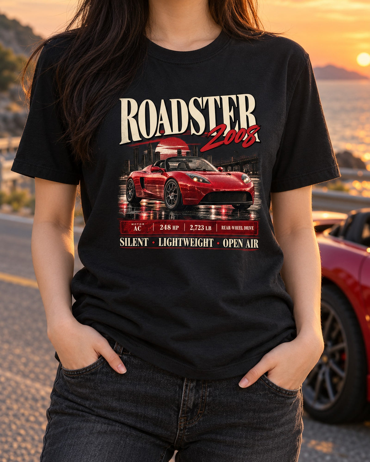 Tesla Roadster Gen 1 2008 Archive Panel Shirt, 248 HP Classic EV T-Shirt Black worn hero