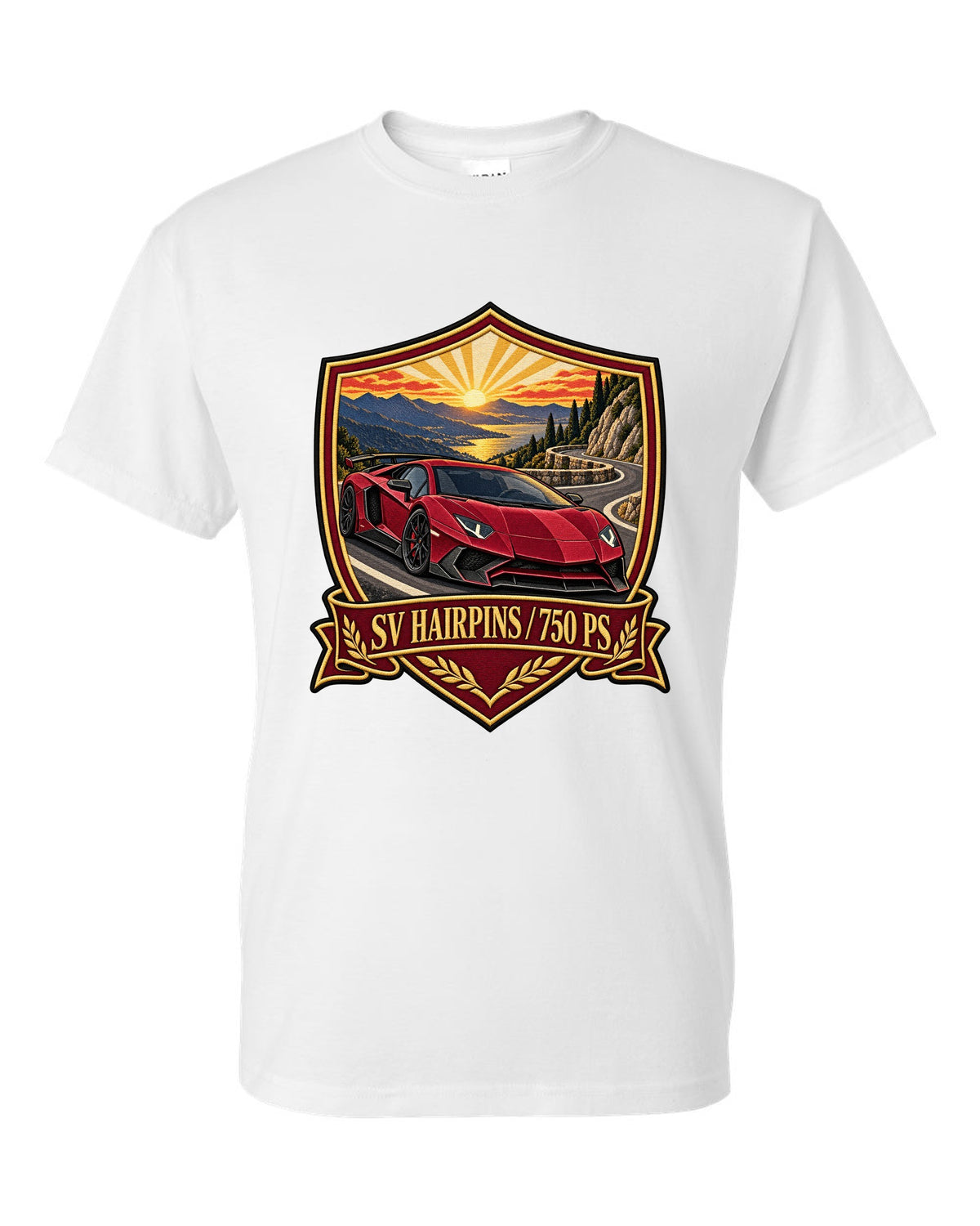 Embroidery-style shield crest of a Lamborghini Aventador LP750-4 SV on a golden hour hairpin white t-shirt front view with the design