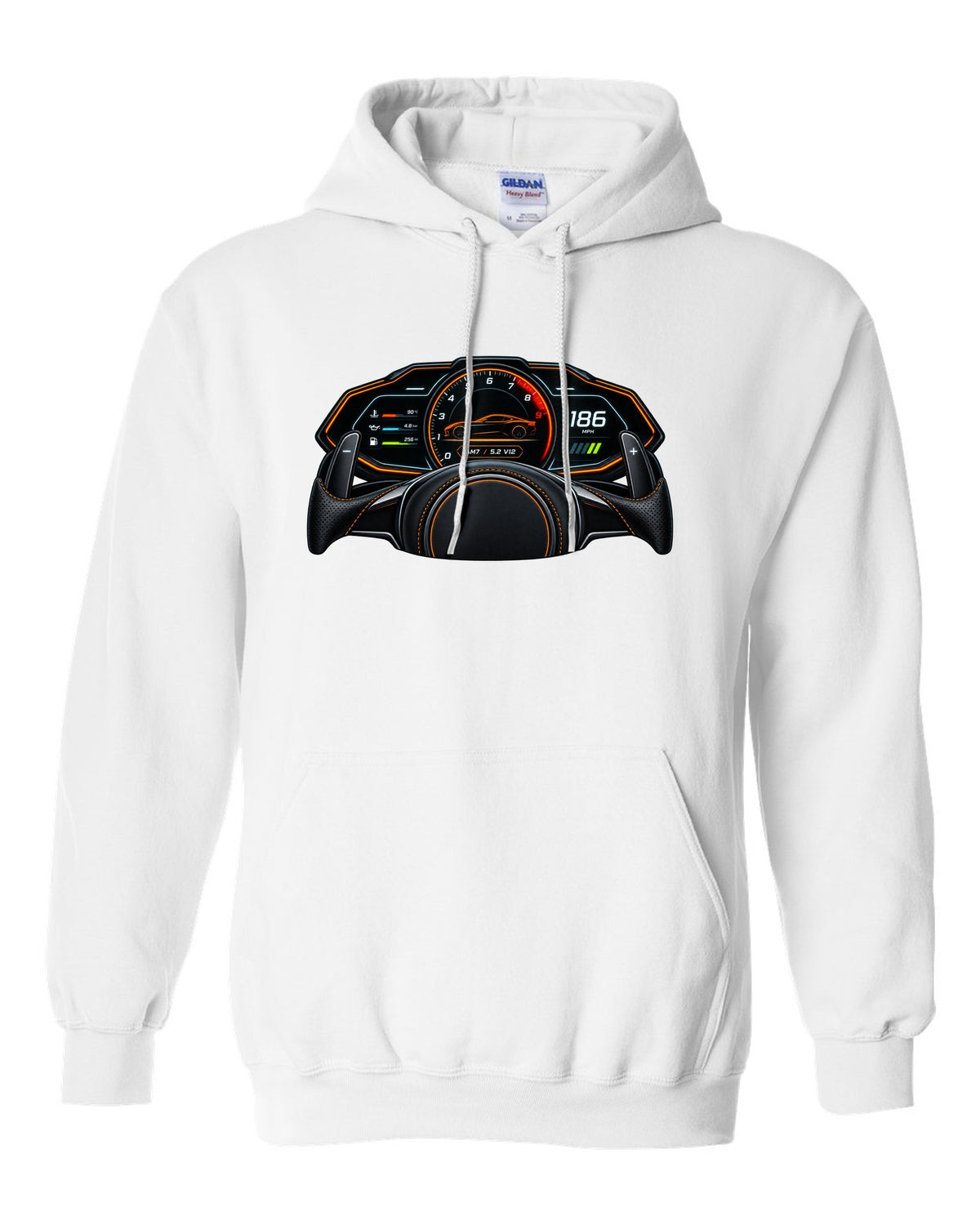 Gauge cluster and HUD style print for the 2018 Aston Martin DBS Superleggera with AM7 and 5.2 V12 readout white pull over hoodie front view with the design
