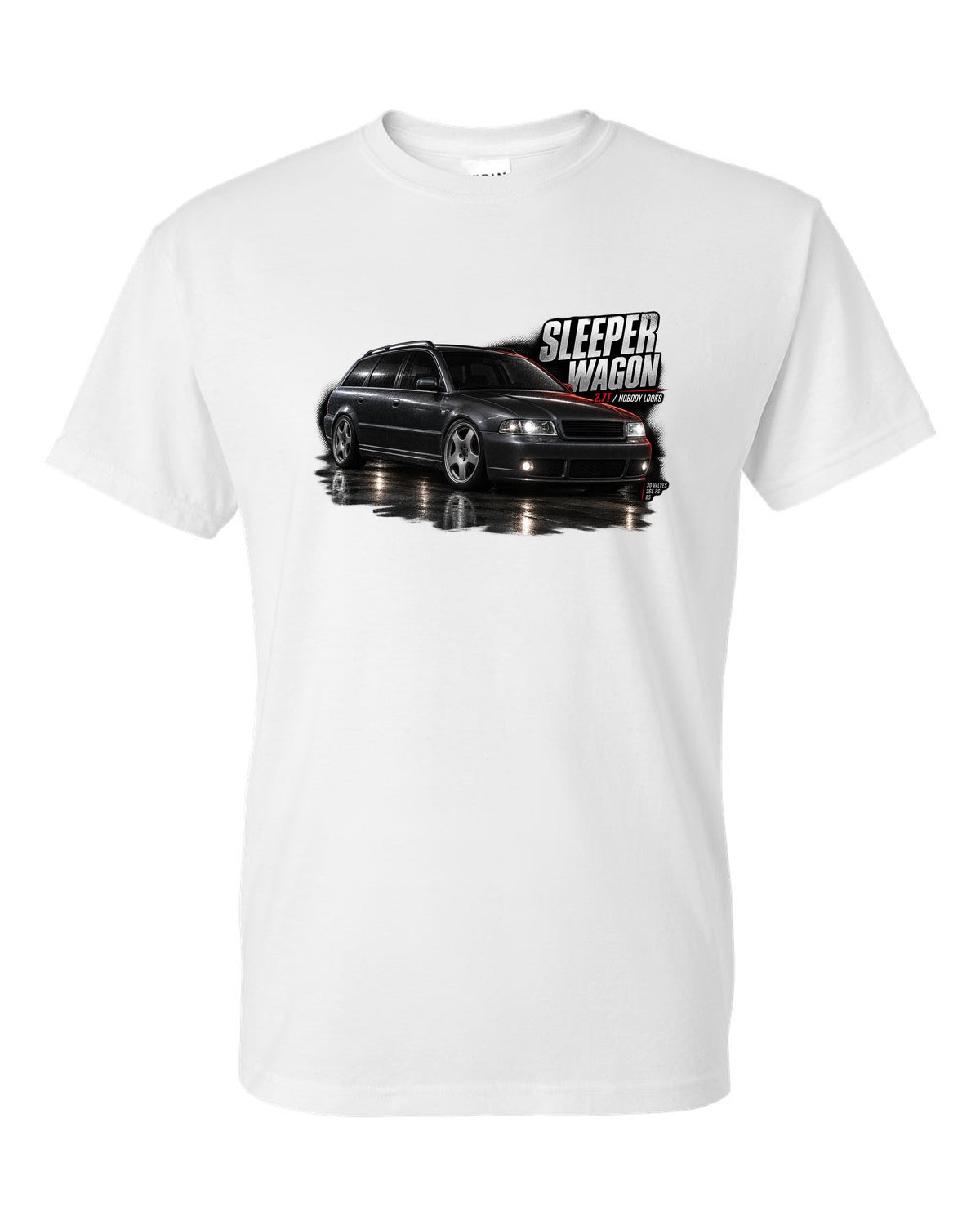 Audi S4 B5 Avant front three-quarter in garage with sleeper wagon 2.7T text white t-shirt front view with the design