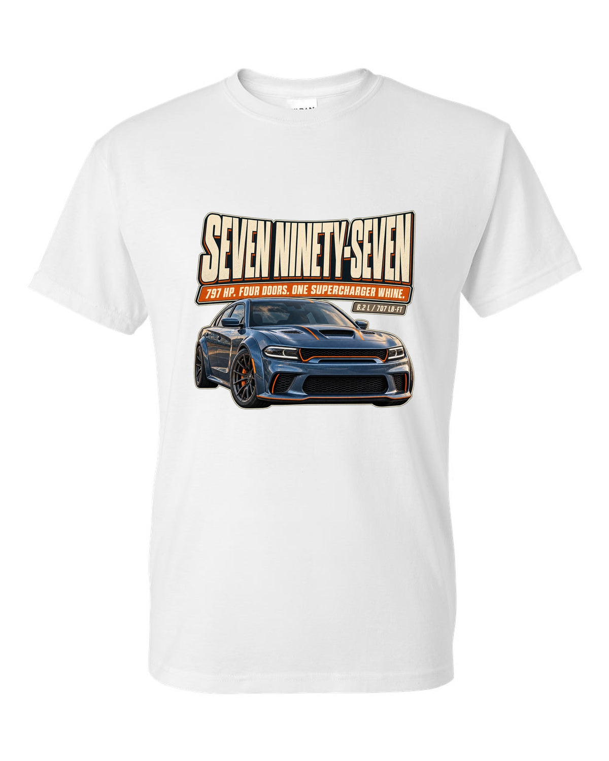 Dodge Charger SRT Hellcat Redeye Widebody editorial headline print white t-shirt front view with the design