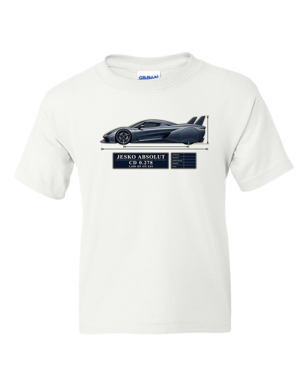 Blueprint drawing of the Koenigsegg Jesko Absolut with twin tail fins and no wing, print white kids tee front view with the design