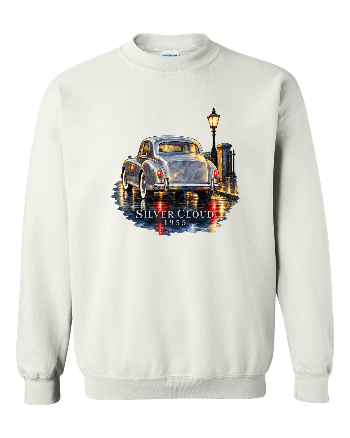Watercolour painting of a 1955 Rolls-Royce Silver Cloud on a rainy night road with SILVER CLOUD lettering white crewneck front view with the design