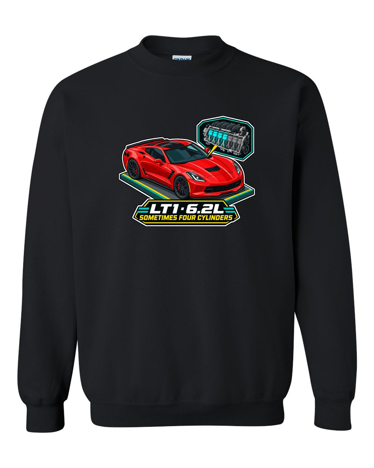 Art deco Le Mans night racing poster print of a yellow Chevrolet Corvette C8.R with LT1 6.2L lettering black crewneck front view with the design