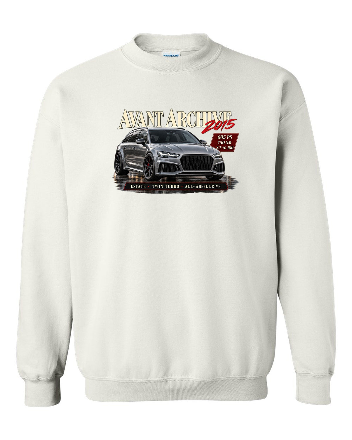 Audi RS6 Avant C7 Performance front three-quarter in an archive panel with 605 PS spec text white crewneck front view with the design