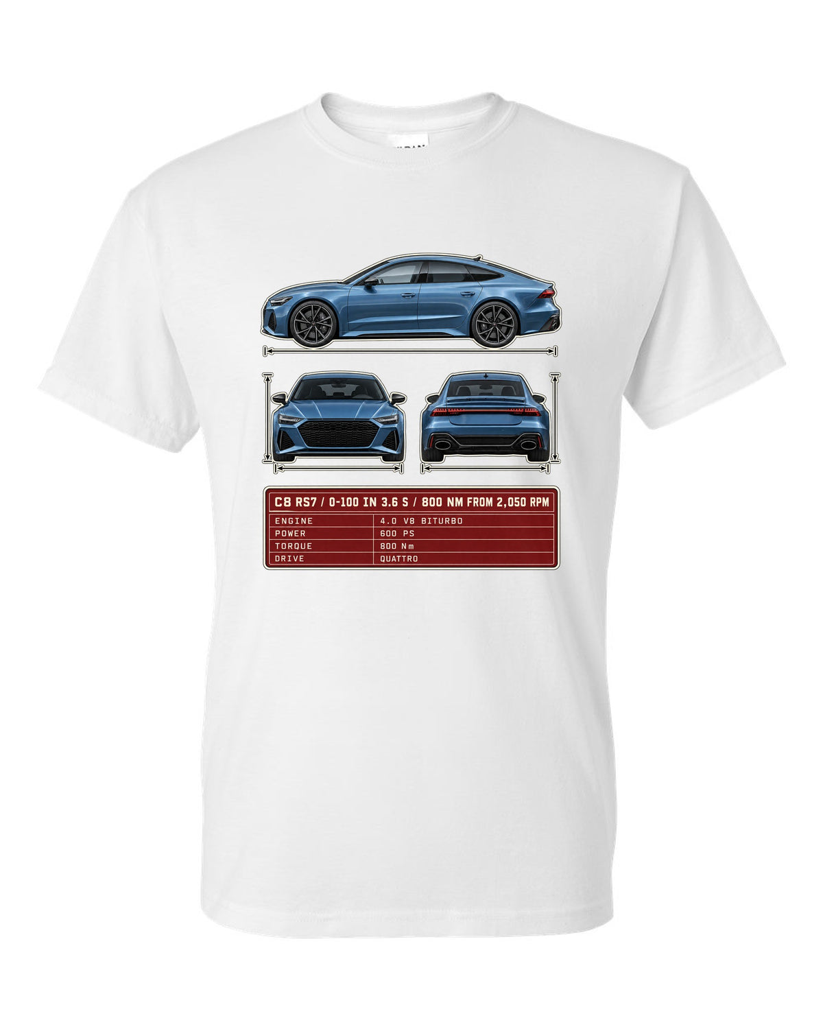 Three-view spec sheet for the Audi RS7 Sportback C8 white t-shirt front view with the design