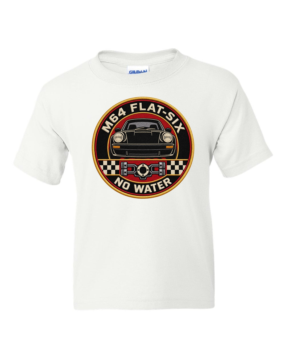 Round embroidery-style crest print for the Porsche 911 Turbo 964 with M64 flat-six no water lettering white kids tee front view with the design