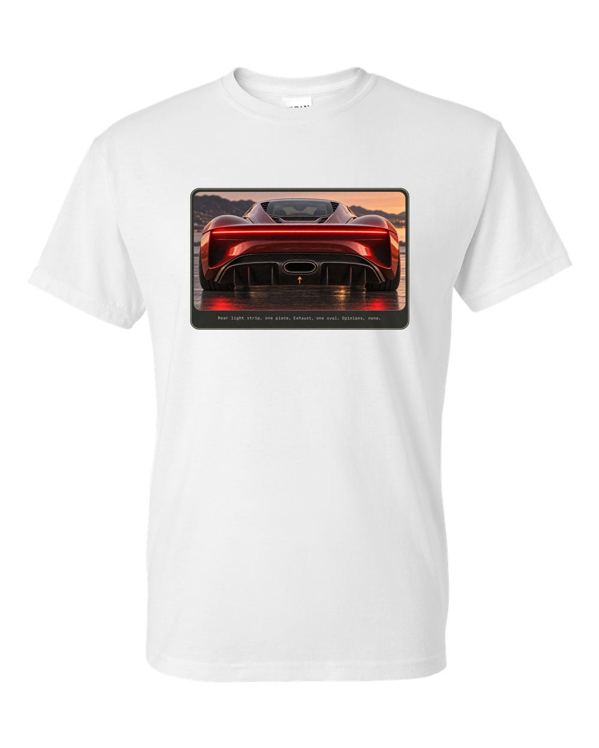 Bugatti Chiron rear light strip and oval exhaust macro print white t-shirt front view with the design