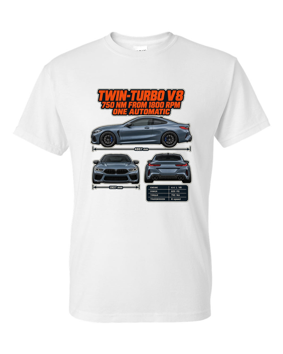 BMW M8 Competition Coupe F92 three-view and spec table print on a tee white t-shirt front view with the design