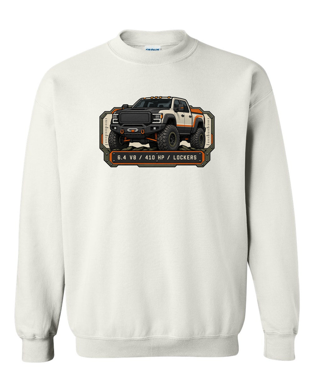 Spec-sheet data plate print of a Ram Power Wagon 2500 winch bumper with 6.4 V8 410 HP lockers text white crewneck front view with the design
