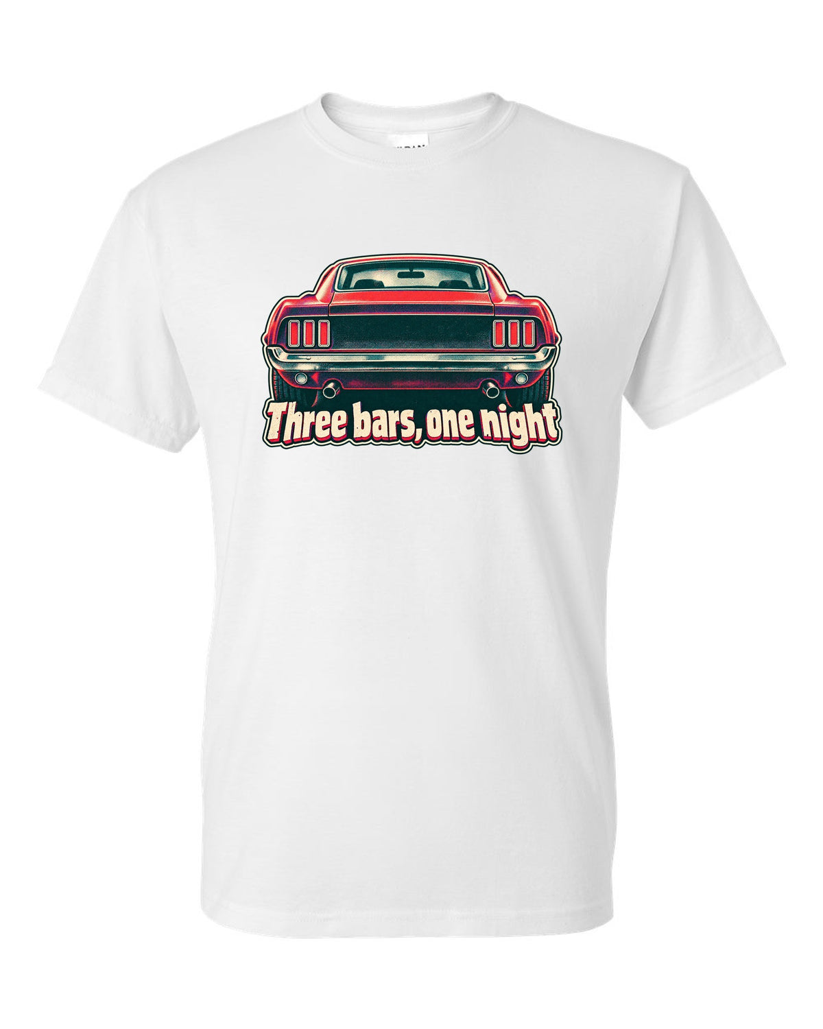 Risograph halftone print of the 1969 Ford Mustang fastback taillights with three bars white t-shirt front view with the design