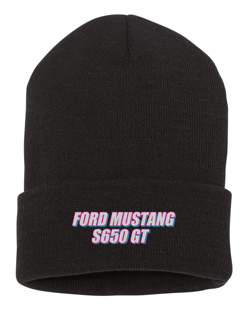 Ford Mustang S650 Gt black beanie front view with car name