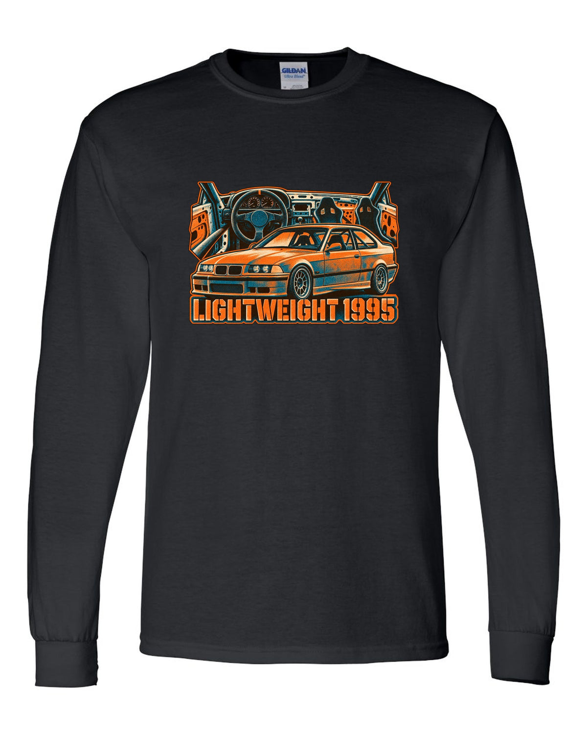 Watercolour wet-road night illustration of a BMW E36 M3 coupe in a garage with coolant flange fund text black long sleeve front view with the design