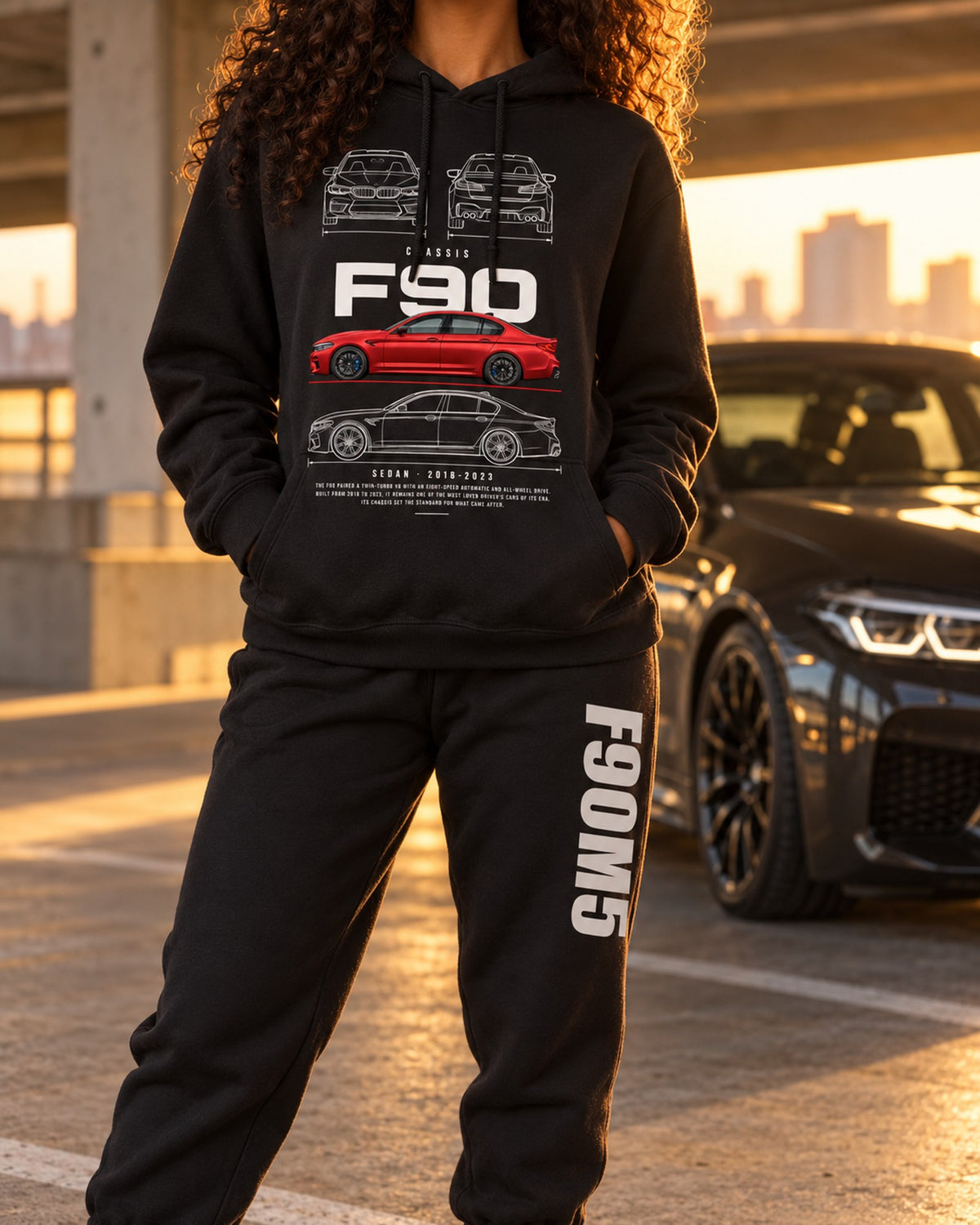 BMW F90M5 Blueprint Hoodie + Jogger Set Black worn hero
