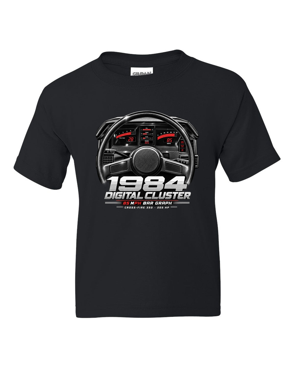 Chevrolet Corvette C4 1984 digital dash cluster cockpit print black kids tee front view with the design